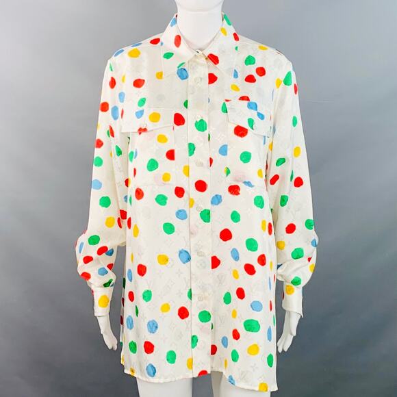 Size M White Multi Color Silk Monogram Dots Button Up Shirt - Picture 1 of 7